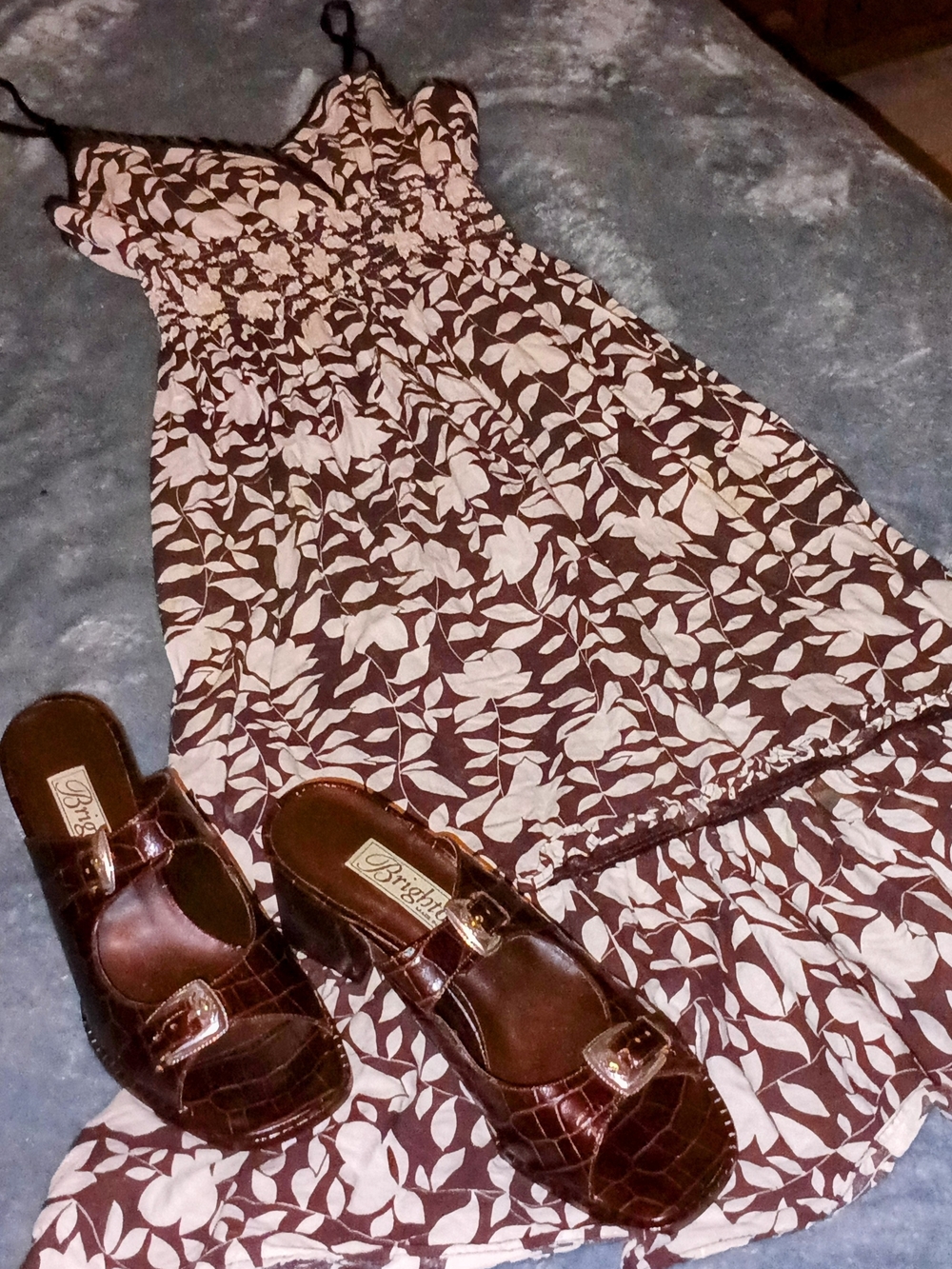 Brown and White Floral Maxi Dress (Small),Nw Brighten Shoes Made In Italy 7 1/2